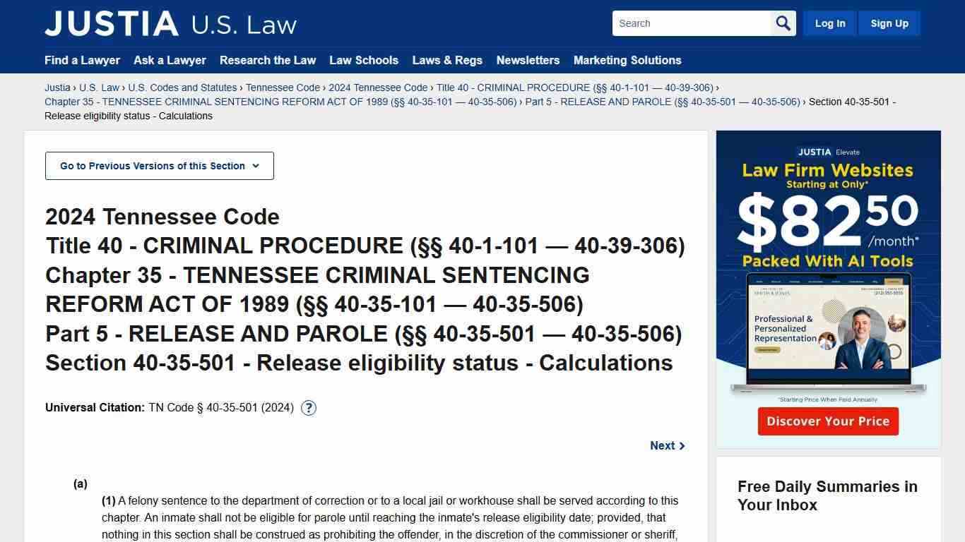 Tennessee Code § 40-35-501 (2024) - Release eligibility status - Calculations :: 2024 Tennessee Code :: U.S. Codes and Statutes :: U.S. Law :: Justia