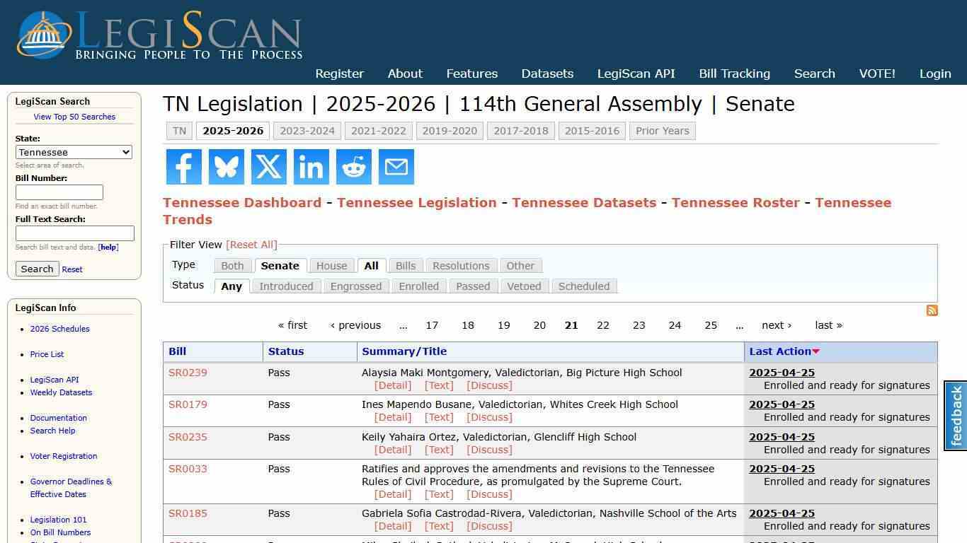 TN Legislation | 2025-2026 | 114th General Assembly | Senate | LegiScan
