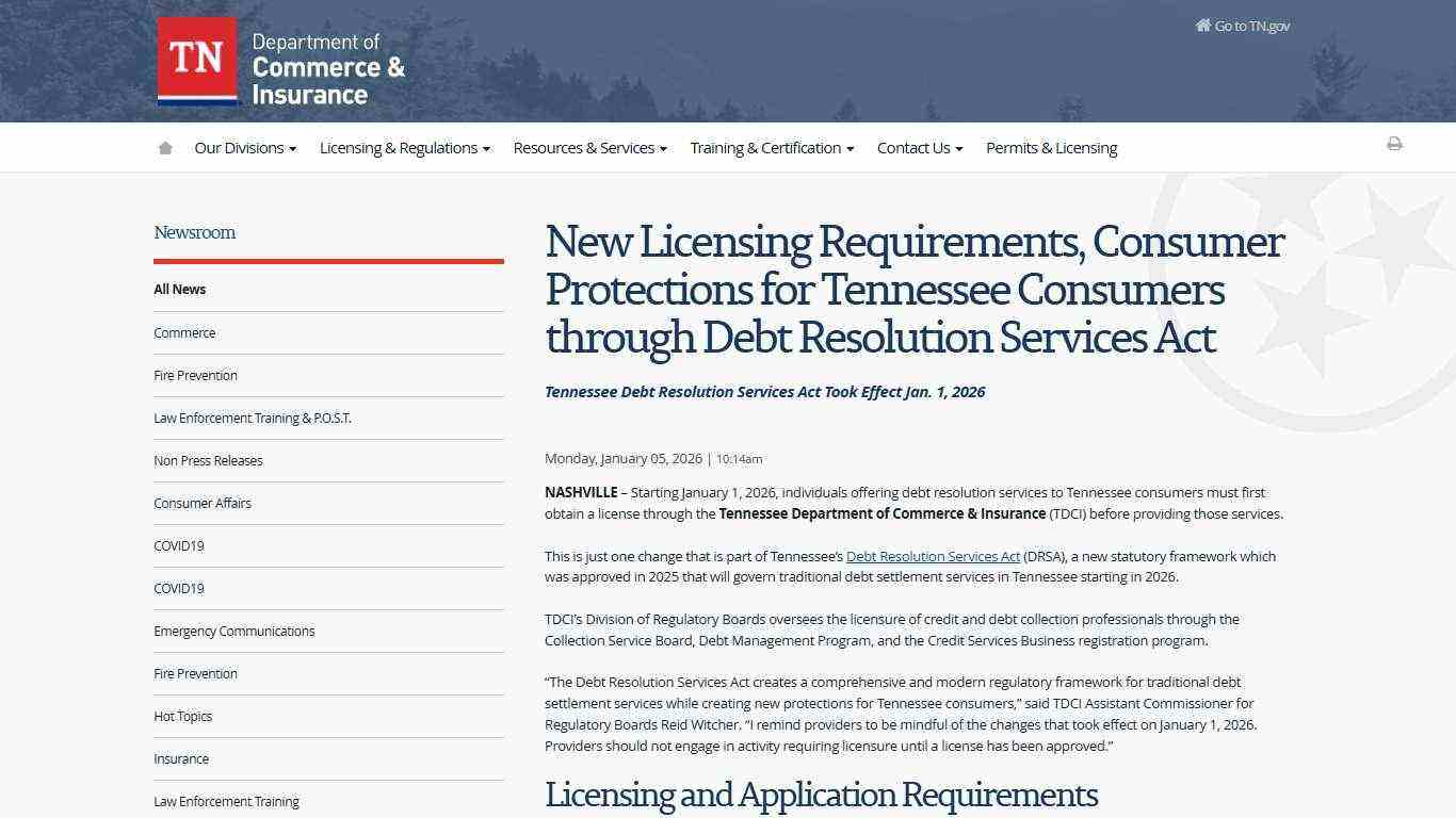 New Licensing Requirements, Consumer Protections for Tennessee Consumers through Debt Resolution Services Act